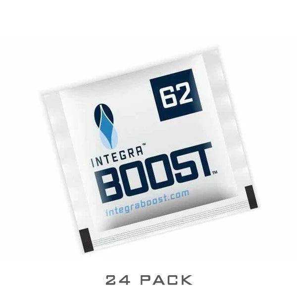 A packet labeled Integra Boost 2-Way Humidity Control 4 Gram - 62% RH is shown, branded Integra Boost, with integra boost.com visible; text below indicates its a 24 pack.